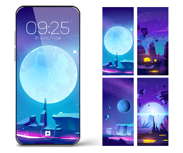 Mobile screen illustrations with moon and futuristic elements
